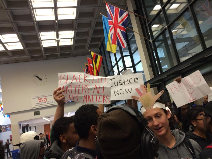 Race is not a new discussion among students. This photo is from the Hands Up Dont Shoot protest about the Ferguson trial held in the mall last November. 