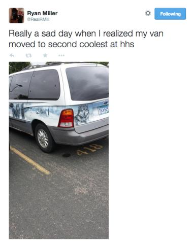 Ryan Miller, senior, tweets about an interesting van in the parking lot. 