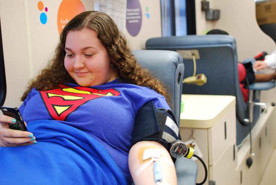 Lilah Merie, sophomore, donates blood for the Memorial Blood drive. She was one of 45 doners