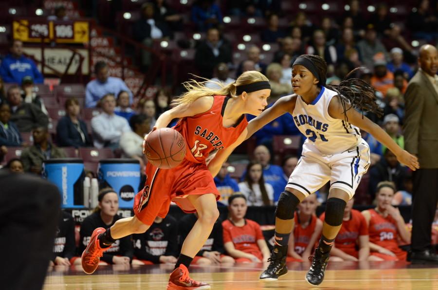 Evelyn Knox, junior, plays defense in the state semifinal game against Shakopee.