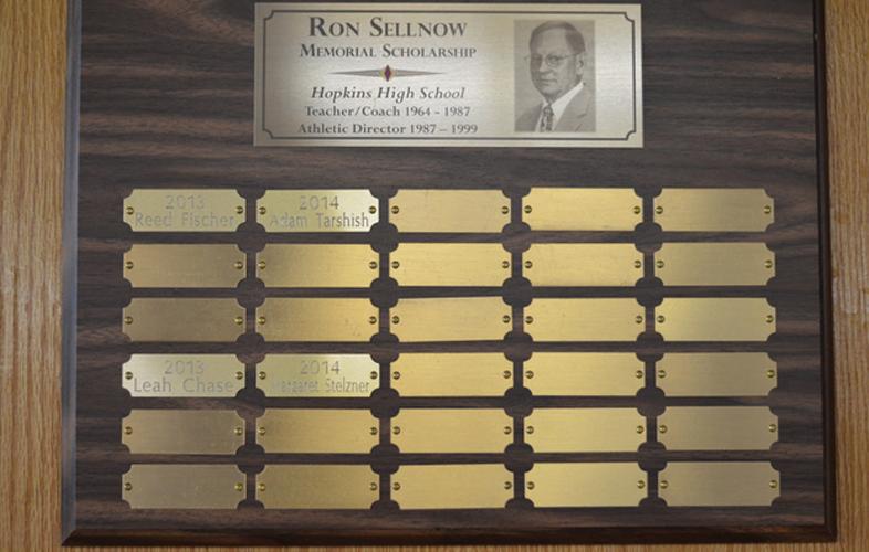 A display hanging in the Lindbergh Center of the winners of the Ron Sellnow Scholarship.
