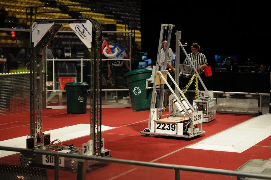 The robot for the Hopkins Technocrats, team #2239, performs tasks at competition.