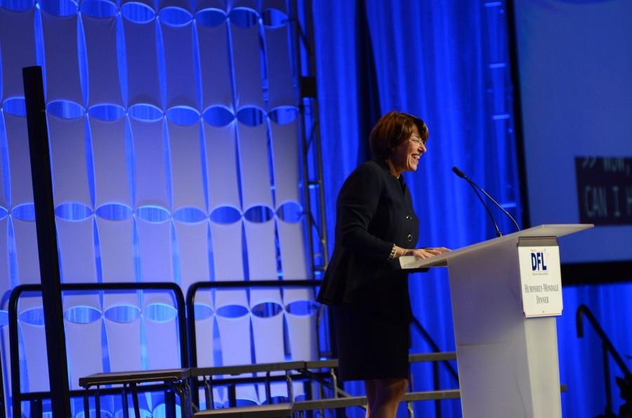 Senator Amy Klobuchar (D), speaks at the Humphrey-Mondale Dinner. She spoke about the potential presidential candidates and what they would bring to the White House.