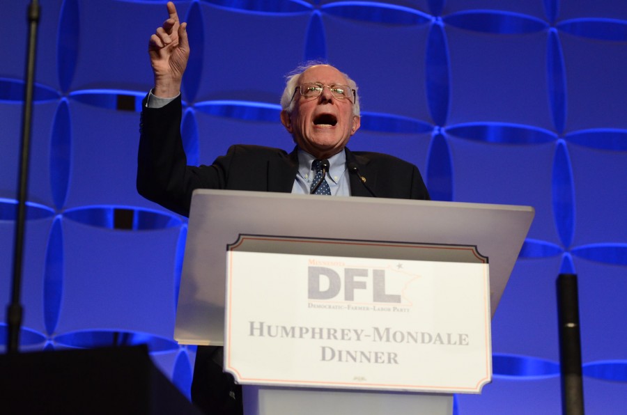 Senator Bernie Sanders (D), Vermont, speaks at the Humphrey-Mondale DFL Dinner. Sanders is currently running for the Democratic nomination for the 2016 Presidential Election.