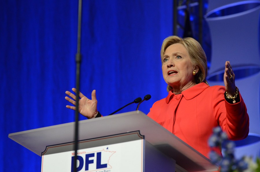 Hillary Clinton, former United States Secretary of State, speaks at the Humphrey-Mondale DFL Dinner. Clinton is running for the Democratic nomination for the 2016 Presidential Election.
