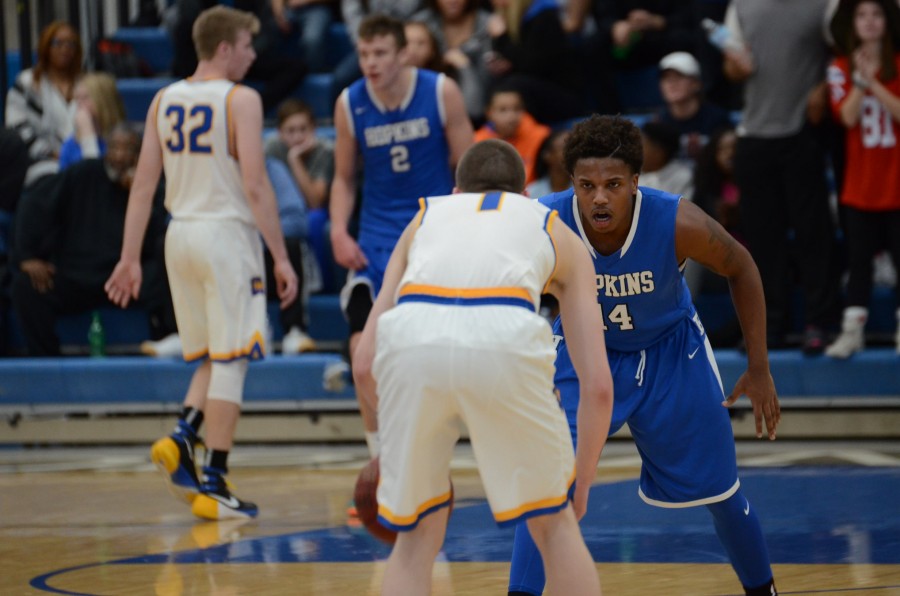 Vinnie Shahid, senior, plays defense in the Royals lone loss of the season. The Royals may get a rematch with the Trojans on March 2 in the section championship.