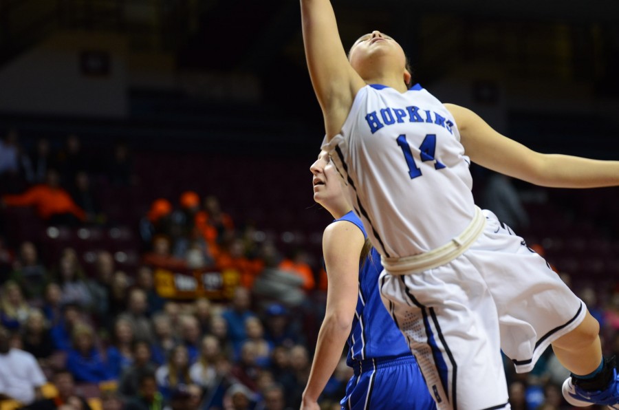 Ashley Bates, senior, goes in for a layup in the semifinal state game.