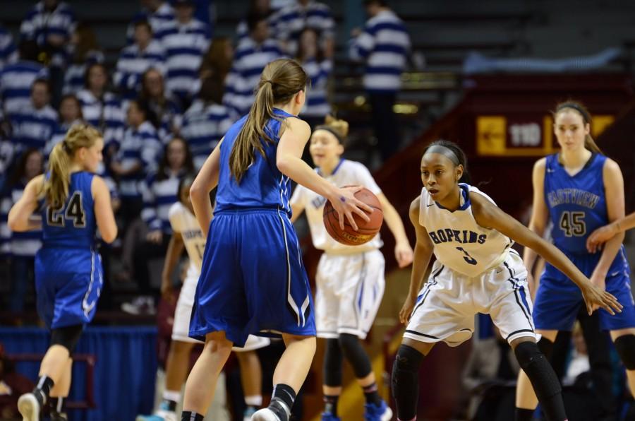 Reana Suggs, sophomore,plays defense in the semifinal state game.