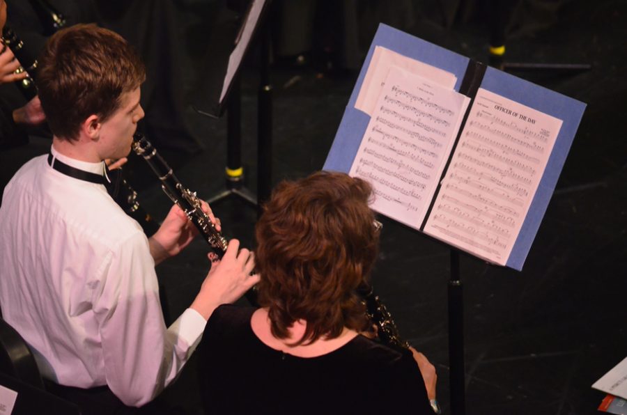 The clarinets in Concert Band perform in the spring band concert.