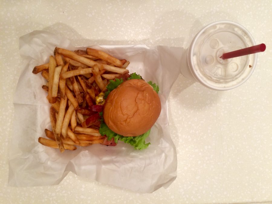 Evies meal at Snuffys, the Snuffy Burger, and an Oreo shake