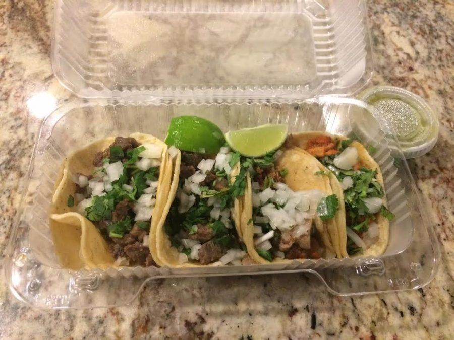 At Nachos I ordered three tacos pictured from left to right filled with: carne asada, carnitas, and el pastor.