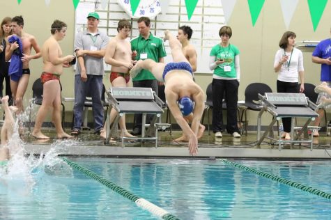 Avi Bundt, junior, dives in to compete in the 100 yard freestyle at True Team Sections on Jan. 21. Bundt placed eighth in the event with a time of 53.84, and the Royals placed third out of eight teams.