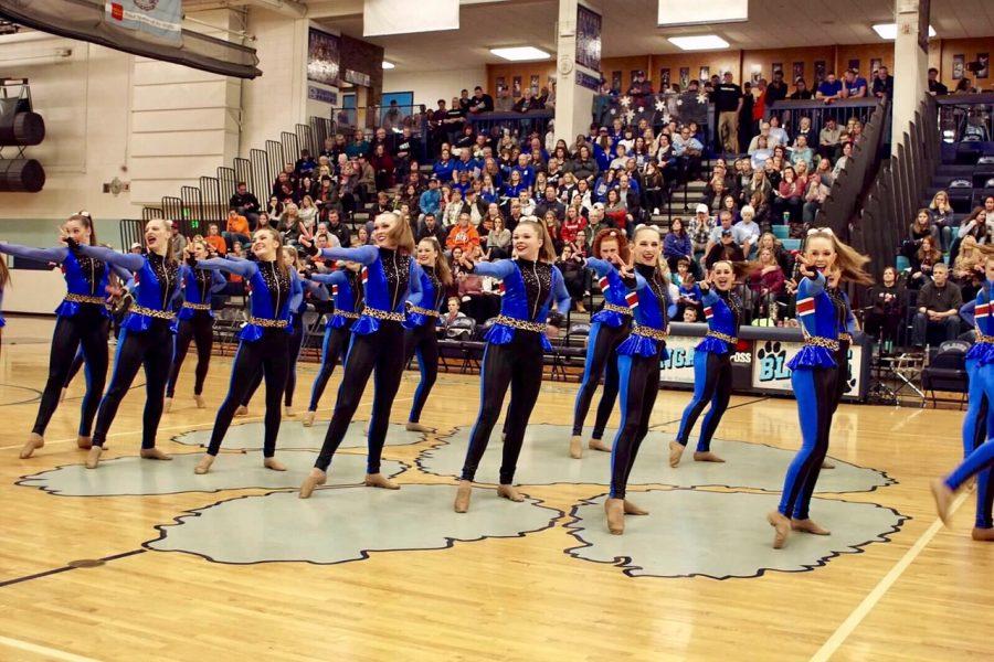 The Royelles perform their kick dance to the song Spice Girls. This picture was taken at Blaine High School where the Royelles competed in a meet. 