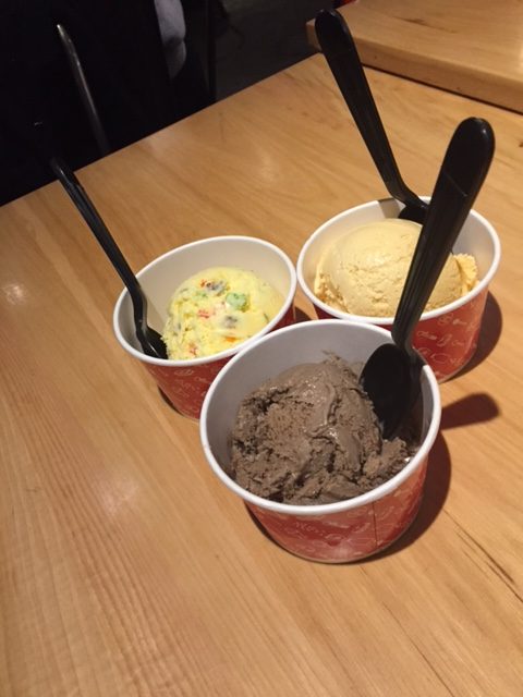 Three of the 16 flavors at Milkjam Creamery: Ridin’ Duuurty (front), Cereal Killers (back left), and the stores signature, Milkjam (back right).