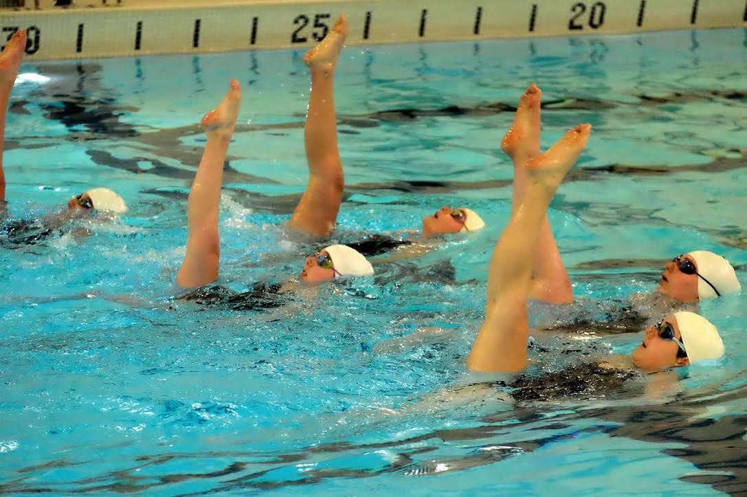 The Long division team of Lily Provenzano, Elizabeth Coleman, and Ellen Mattson, sophomores, Lily Smith, junior, and Katie Gunderson, senior, competes their routine Battle Cry at Wayzata on April 25. The five placed second, and Wayzata defeated the Royals in their first routine meet of the season.