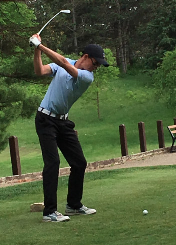 Seth Schricker, junior, tees off on hole seven at Oakridge Country Club against Minnetonka. Schricker ended with a score of 78.