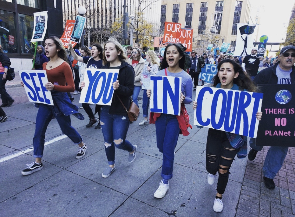 Lili Hoschka, Emily Kirk, Angela Perez, Sagit Nachmias, all seniors, march to the state capitol.