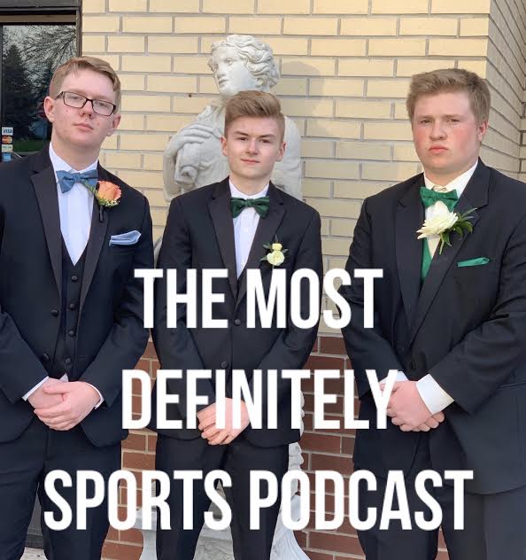 Mason+Arneson%2C+Ryan+Baker+and+David+Campbell%2C+seniors%2C+pose+for+the+cover+photo+of+The+Most+Definitely+Sports+Podcast.+The+three+Royal+Page+staff+members+have+been+publishing+their+podcasts+on+Spotify.