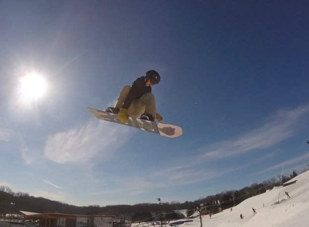 Sam Goldman, sophomore, completes a course at Hyland Hills. Goldman has been snowboarding for most of his life.